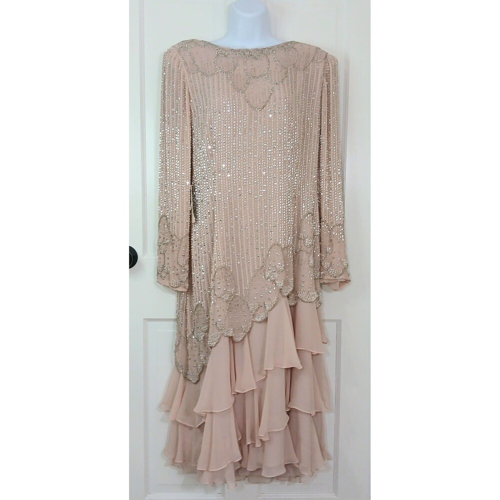NWT Jack Bryan Beaded Chiffon Dress Size 14 Blush Pink Formal Evening Gown - Picture 7 of 16